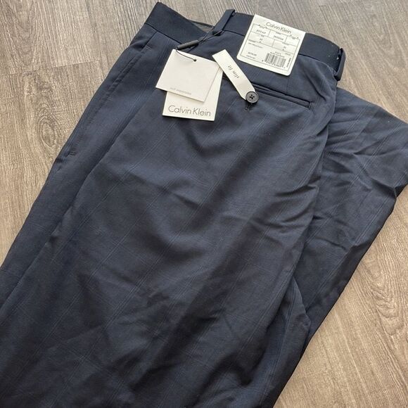 Calvin Klein Checked Slim-Fit Wool Trousers-NAVY-33X32 - Picture 3 of 3